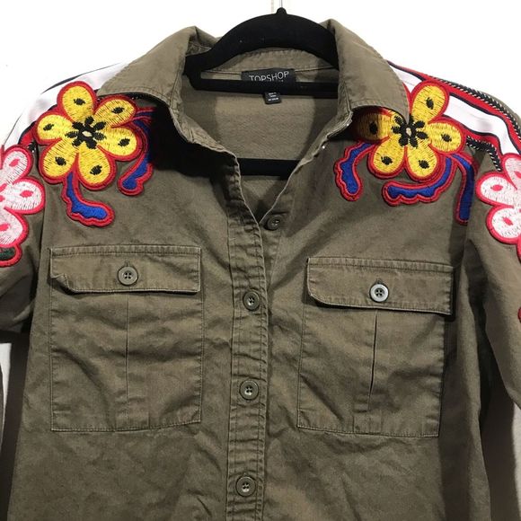 TopShop Floral Embroidered Olive Military Jacket - Picture 5 of 8